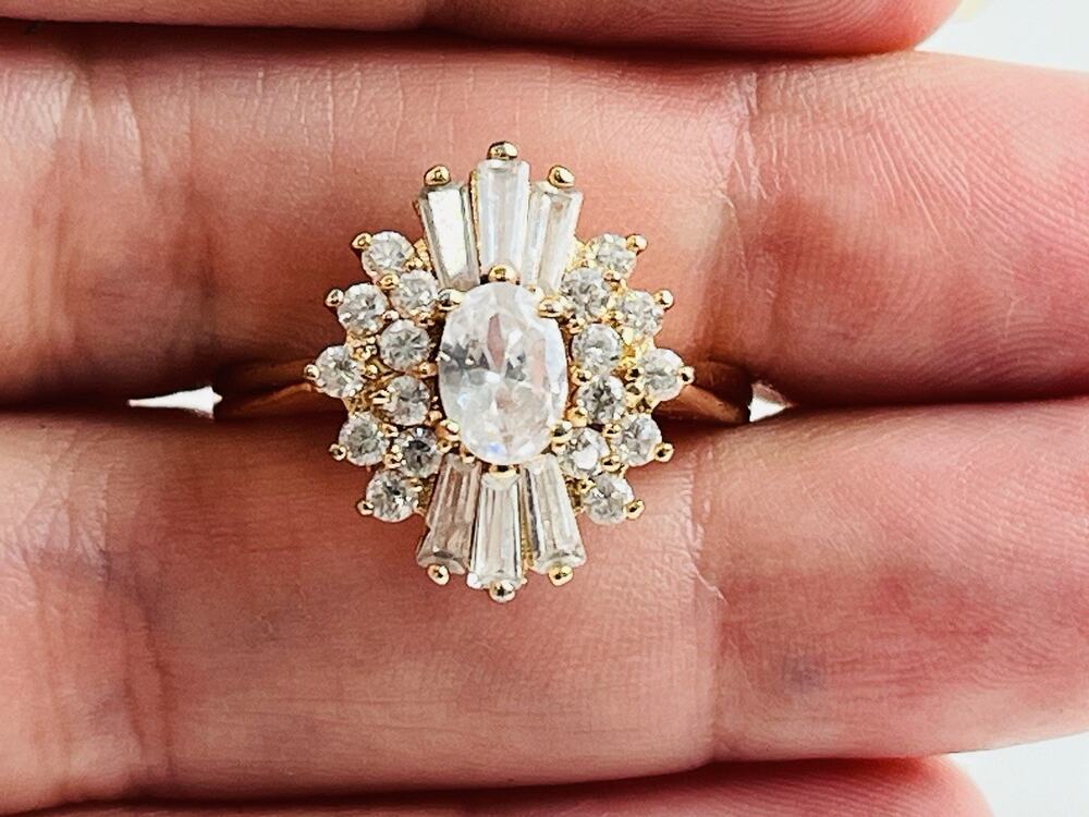 Cluster Waterfall Ring Size 9 w/ Clear Rhinestones Rose Gold tone Costume Faux